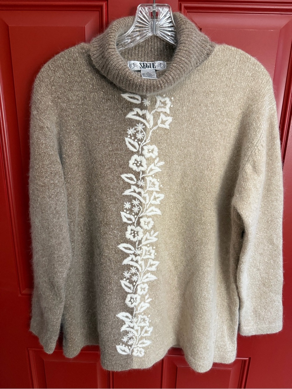 Women's Vintage Taupe Floral-Embroidered Turtleneck Sweater